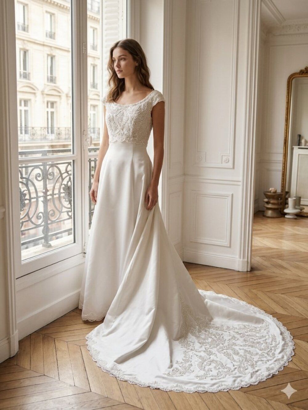 Alfred Angelo White Satin Beaded Bodice Wedding Gown with Sweep Train -  Small
